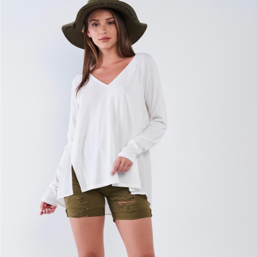 Off-White Loose Fit Long Sleeve V-Neck Mesh Detail